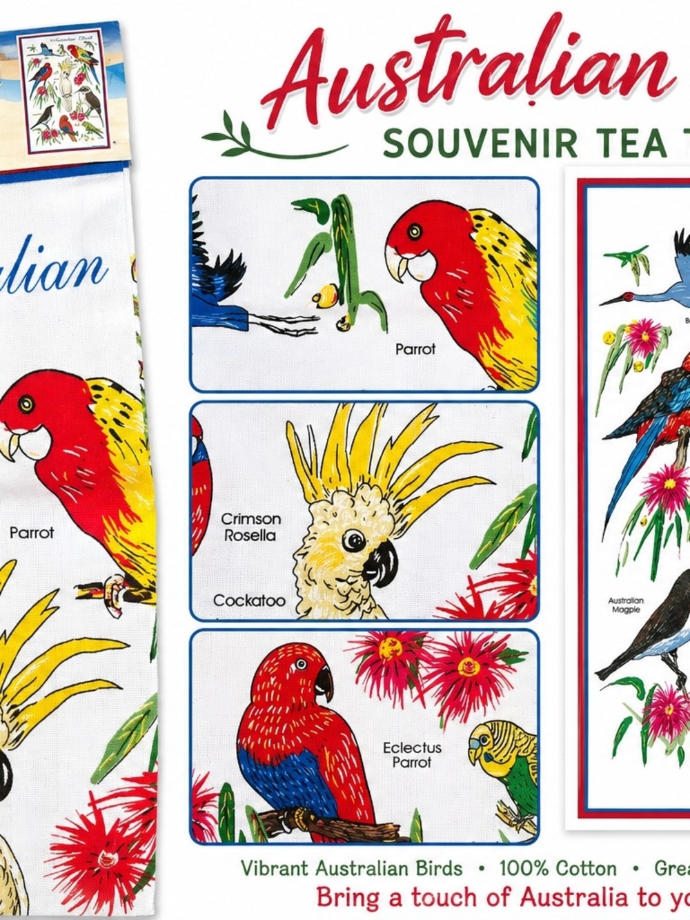 Australian Souvenir Tea Towel - White with Vibrant Parrot Prints